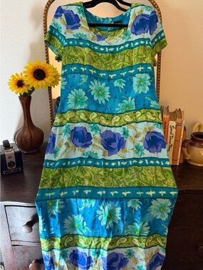 Vintage j.d. stone Deirdre Tarver Floral Stripe Midi Dress in Blue & Green